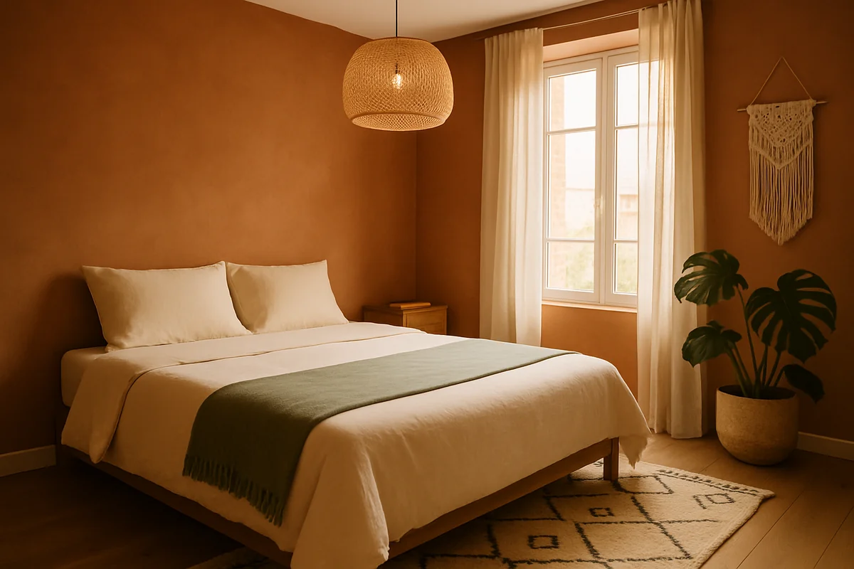 Chambre d'un T2 rénové à Montauban avec mur terracotta et lit king géré par Infinity Host