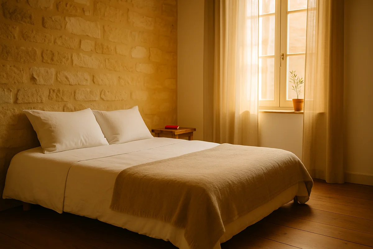 Chambre d'un T2 familial à Montauban avec mur en pierre apparente et linge blanc, géré par Infinity Host
