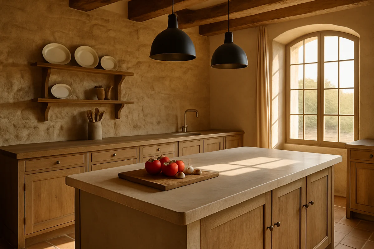 Cuisine en travertin et chêne massif d'une villa haut de gamme en campagne du Tarn-et-Garonne gérée par Infinity Host