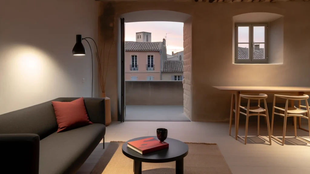 Rentabilité Airbnb Montauban : intérieur d'un T2 meublé haut de gamme avec lumière chaude de fin d'après-midi