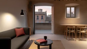 Rentabilité Airbnb Montauban : intérieur d'un T2 meublé haut de gamme avec lumière chaude de fin d'après-midi