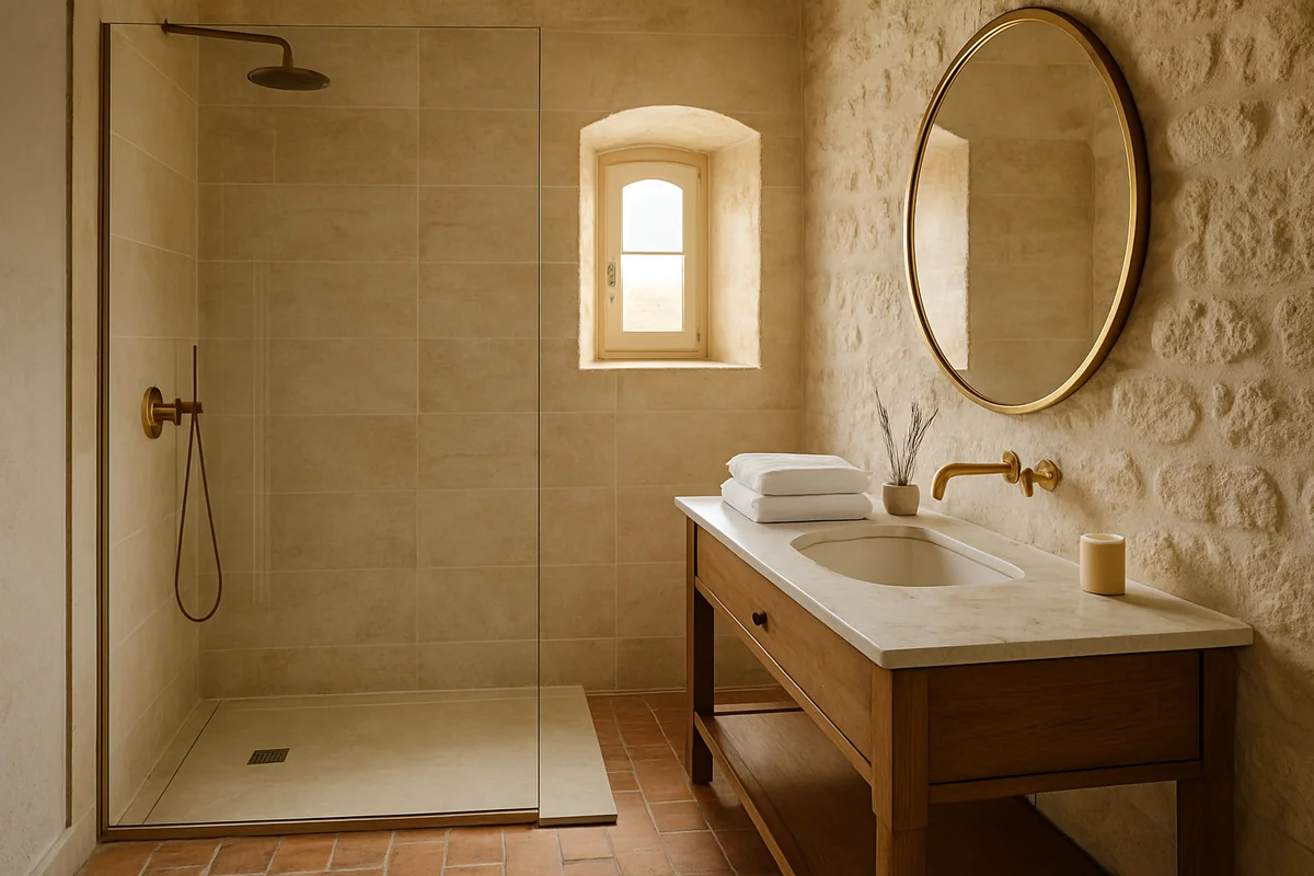 Salle de bains en travertin et pierre apparente d'une villa de prestige en Tarn-et-Garonne gérée par Infinity Host
