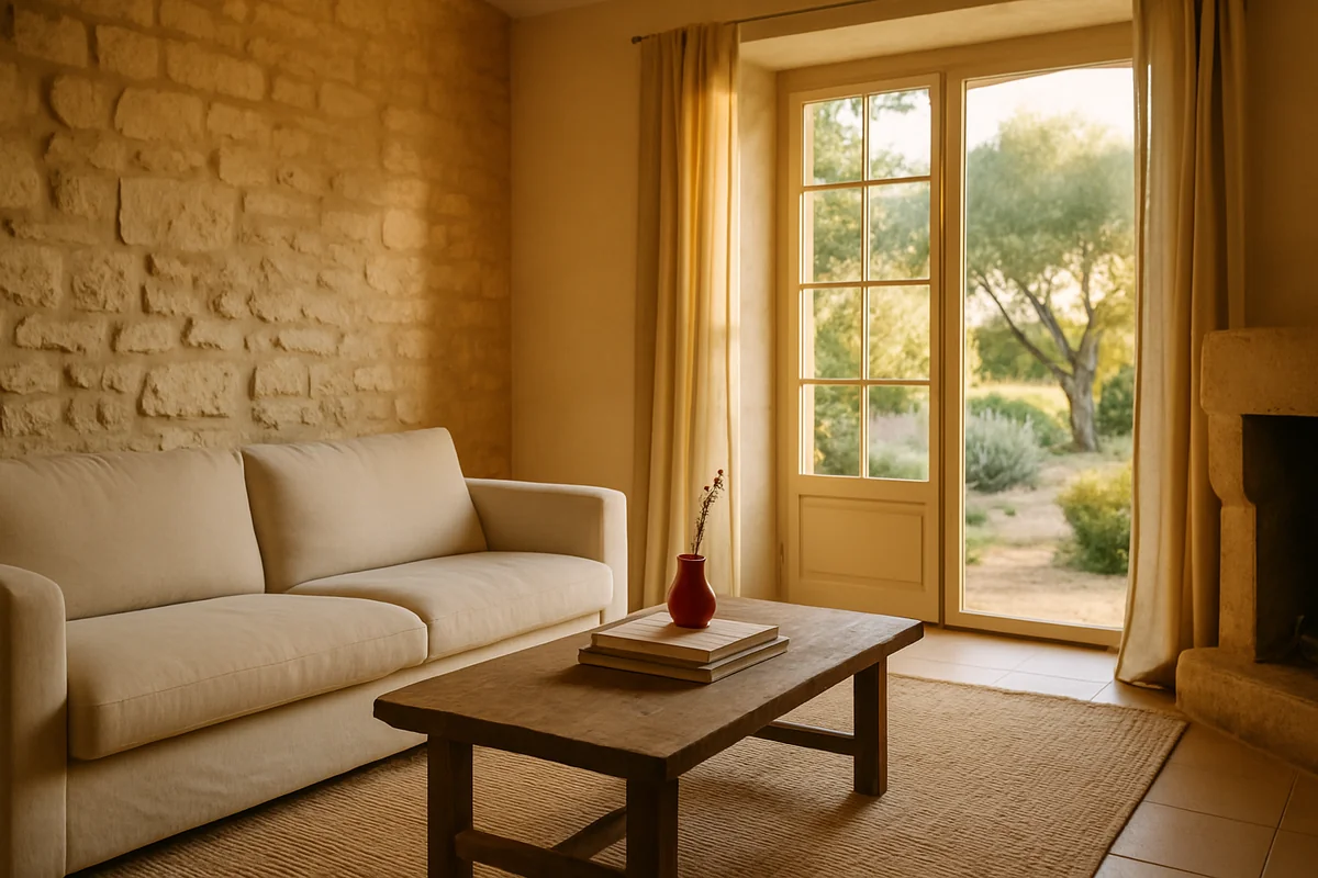 Salon en pierre apparente et canapé en lin d'une maison de ville avec jardin gérée par Infinity Host en Tarn-et-Garonne