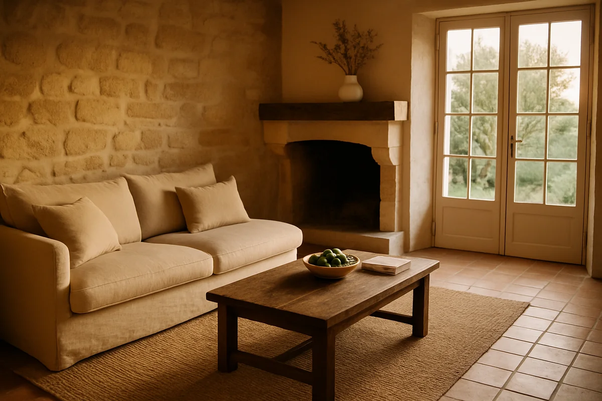 Salon en pierre apparente d'une maison de ville en Tarn-et-Garonne gérée par Infinity Host