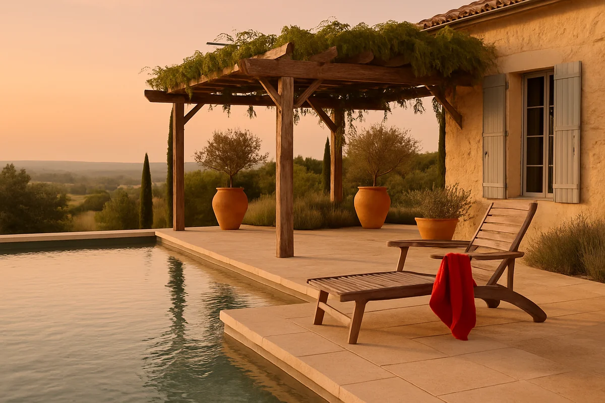 Terrasse avec piscine en pierre et pergola d'une villa de prestige gérée par Infinity Host en Tarn-et-Garonne